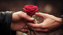 Two Hands Of A Couple Holding A Red Rose As A Valentines Gift To Show Their Love