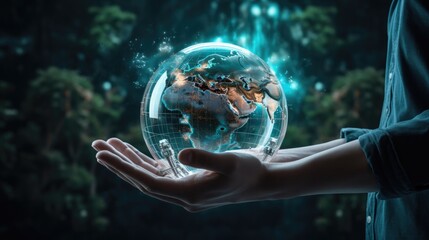 crystal glass globe ball and green energy in hand saving the environment