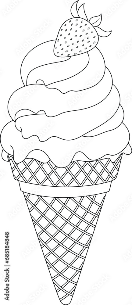 Hand-drawn illustration of strawberry ice cream coloring page for kids ...