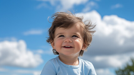 Wall Mural - Portrait of a cute smiling little boy looking at the sky in summer in nature. The concept of a happy childhood