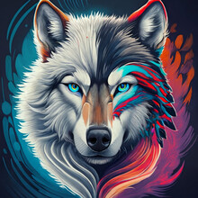 A Wolf, One Half Beautiful White Fur, With A Blue Eye, And The Other Half Black Fur With A Red Eye, Typography, Painting, Illustration. Generative AI