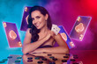 Creative collage banner gorgeous young lady hold two cards sit poker table tokens chips neon blackjack gambling casino