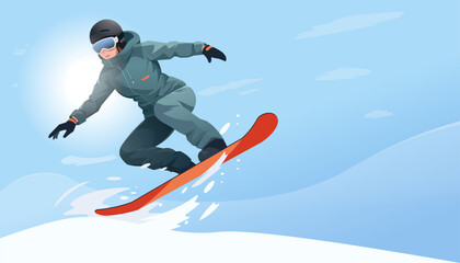 Wall Mural - Jumping snowboarder in warm sport suit showing trick on snowboard. Special extreme equipment. Snowboarding concept. Downhill slope. Winter holiday active lifestyle. Vector illustration