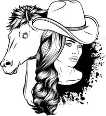 Sticker - black and white Cowgirl vector illustration design