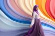 Modern colorful stylish outfit photoshoot of a muslim hijab woman in dynamic shot happy and positive for modest trendy arab women fashion. Generative AI