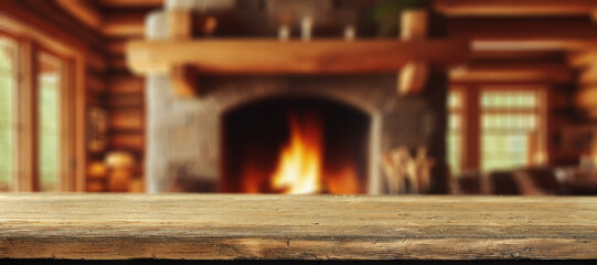 Poster - Desk of free space and fireplace in home interior. 