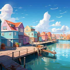 Sticker - a serene coastal town with pastel-colored buildings and a wooden pier