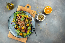 Duck Salad With Citrus On Plate. Menu, Recipe Mock Up, Banner. Copy Space For Text. Top View