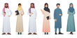 © GN.STUDIO - Arabian man and woman portrait full height, traditional muslim female and male character. Saudi national wear. Islamic young family. Beard and mustache. Family couple. Vector illustration