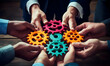 © Akilmazumder - Business People holding Gears and Teamwork Concept, Business team connect pieces of gears. Teamwork, partnership and integration concept, ai generated photo