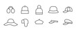 Hats icons set - beanie, baseball cap, sun vizor, beret, cowboy, bucket, summer panama line icons set, editable stroke isolated on white, linear vector outline illustration, symbol