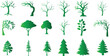 Vibrant, diverse tree vector illustration set. Perfect for nature, park, and forest-themed designs. High-quality, detailed tree icons showcasing various species and styles.
