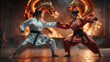 Two karate fighters fight in a temple.