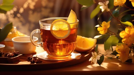 Poster - cup aromatic tea drink citrus illustration fresh herbal, blossom food, lemon breakfast cup aromatic tea drink citrus