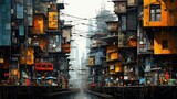 Fototapeta Nowy Jork - Painting of cyberpunk city streetsshowing the texture of thick oil paint strokes on the rustic canvas, vibrant colors