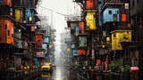 Fototapeta Nowy Jork - Painting of cyberpunk city streetsshowing the texture of thick oil paint strokes on the rustic canvas, vibrant colors