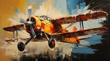 Painting Of Biplane Air Battle Showing The Texture Of Thick Oil Paint Strokes On The Rustic Canvas