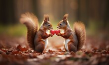Two Squirrel Holding Heart Nut Shaped. Animals In The Autumn Forest. 