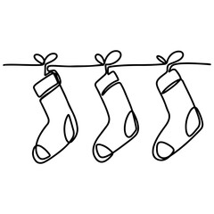 Christmas socks garland in single line style. One continuous line drawing. Vector illustration isolated on white background.