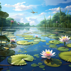 Wall Mural - a peaceful pond with lily pads and a dragonfly gently hovering