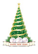 Merry Christmas. New year tree with Christmas balls on fir branches is decorated with ribbon and congratulation text. Vector template design for winter holidays decoration. Happy New Year 2024.