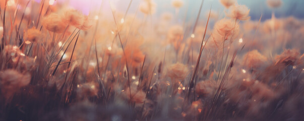 Wall Mural - Wild grass at sunset. Macro image, shallow depth of field. Abstract summer nature background. Banner