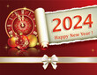 Happy New Year 2024. Christmas background, postcard with clock and holiday decorations, original vector design of holiday date 2024 on paper roll.