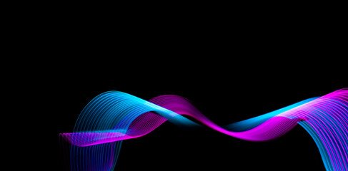 Abstract neon metallic pink and blue waves curvy lines on black background. Technology data. High quality photo