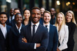 © vefimov - Group of business people gathered together, posing for professional picture. This image can be used for corporate presentations, team-building materials, or business-related articles.