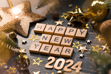 Wall Mural - A postcard or banner. A symbol from the number 2024 with golden balls, stars, sequins and a beautiful bokeh on a wooden background. Happy New Year 2024. The concept of the celebration.