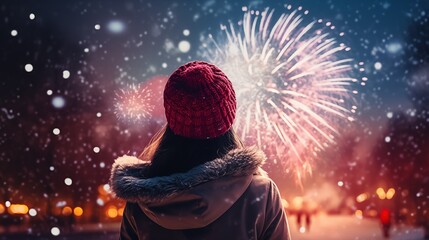 Wall Mural - Rear view of woman watch their New Year fireworks display amazement and delight in a snowy park in front of firework display, generative ai