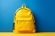 © Sheela - Vibrant Yellow Backpack Standing Out Against Blue Wall and Yellow Floor for Travel and Adventure Generative AI