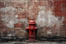Vibrant Red Fire Hydrant Standing Proudly Against A Textured Brick Wall In Urban Setting Generative AI