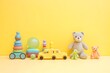 Colorful Toy Collection on Vibrant Yellow Background for Playtime and Fun Activities Generative AI