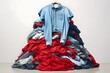 © Sheela - Disorganized Wardrobe with Blue Shirt on Top - Messy Clothing Pile for Fashion or Laundry Concept Generative AI