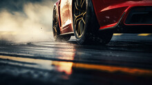 Dramatic Shot Of A Red Racing Car Entering