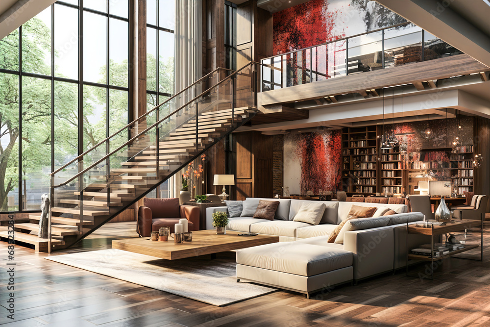 Large living room with staircase, high ceilings and a huge windows ...