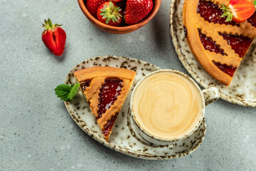 Wall Mural - Plate with piece of tasty strawberry pie with Cup of coffee. menu, dieting, cookbook recipe top view