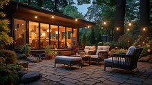 A Lovely Suburban Home's Patio With Lights And Wicker Chairs During A Summer's Evening.