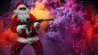 © Fxquadro - A man dressed as Santa Claus, aiming with a machine gun, stands amid bright, multicolored smoke from a smoke grenade, with colorful sparks flying in the air
