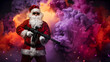 © Fxquadro - A man dressed as Santa Claus, holding a machine gun, poses against a background of bright, multicolored smoke from a smoke grenade, with colorful sparks flying in the air