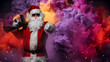 © Fxquadro - A Santa Claus-clad man, armed with a machine gun, points his finger in a direction, posing amidst vibrant, multi-hued smoke with colorful sparks in the air