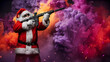 © Fxquadro - A man dressed as Santa Claus, holding a machine gun, poses against a background of bright, multicolored smoke from a smoke grenade, with colorful sparks flying in the air