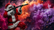 © Fxquadro - A man dressed as Santa Claus, aiming with a machine gun, stands amid bright, multicolored smoke from a smoke grenade, with colorful sparks flying in the air