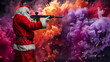 © Fxquadro - A man dressed as Santa Claus, aiming with a machine gun, stands amid bright, multicolored smoke from a smoke grenade, with colorful sparks flying in the air