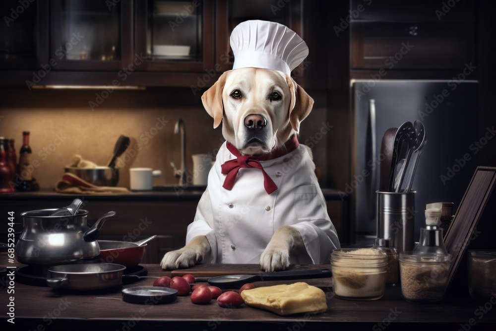 Dog hosting a cooking show, complete with a chef's hat and apron Stock ...