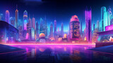 Fototapeta Miasto - Futuristic night city. Cityscape on a dark background with bright and glowing neon purple and blue lights.