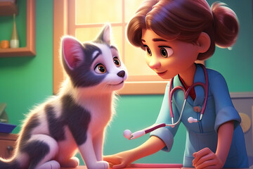 Vet examining dog and cat. Puppy and kitten at veterinarian doctor. Animal clinic. Pet check up and vaccination. Health care for dogs and cats.