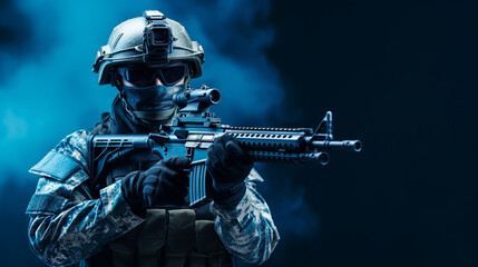 A soldier with a gun in his hand on a blue background