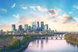 Fototapeta Londyn - Panoramic skyline view of Bank and Canary Wharf, central leading financial districts with famous skyscrapers at golden hour sunset with blue sky and clouds